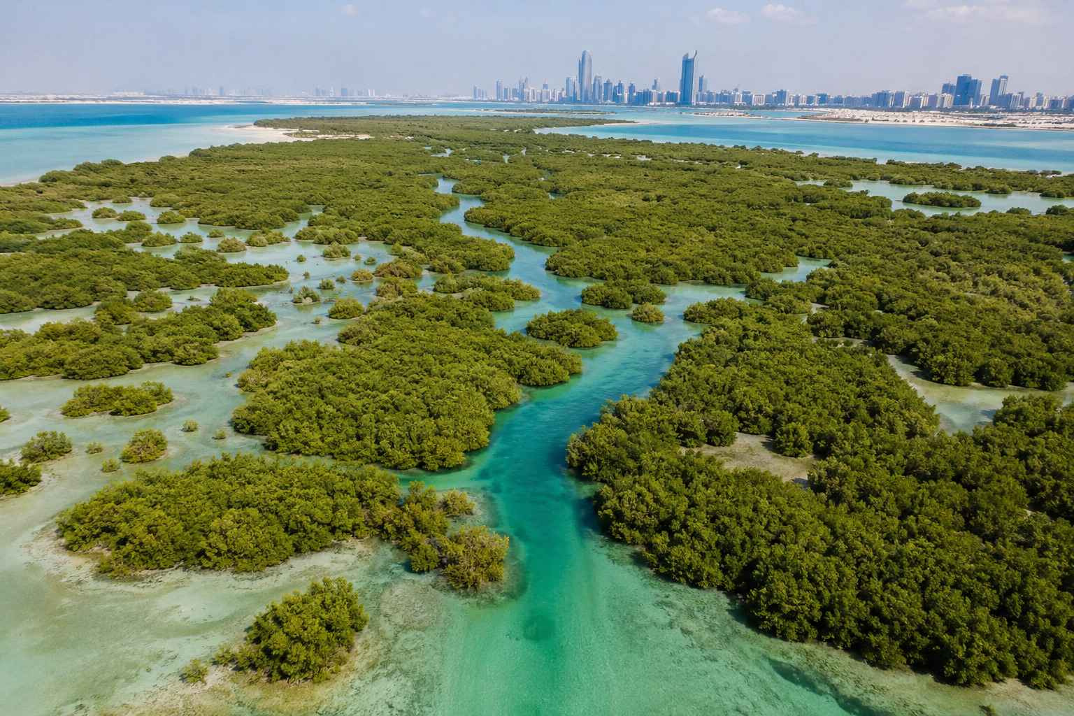 Aerial view of mangroves and coastal waters near a city skyline
